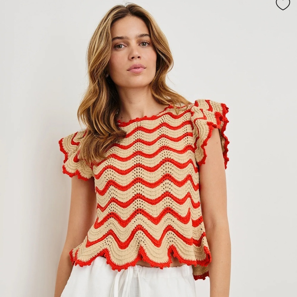 NWT! Rails Coen Top/Cherry and Oat Striped/Cotton/Crochet/Scalloped/Ruffles
